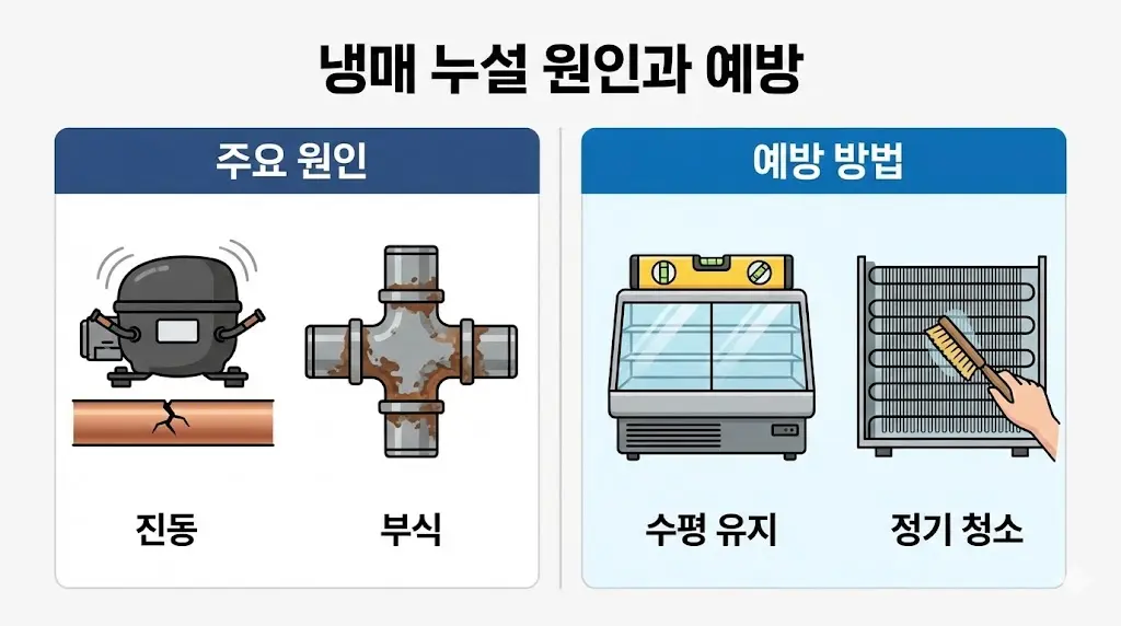 냉매 누설의 주요 원인(진동, 부식)과 예방 방법(수평 유지, 정기 청소) 인포그래픽