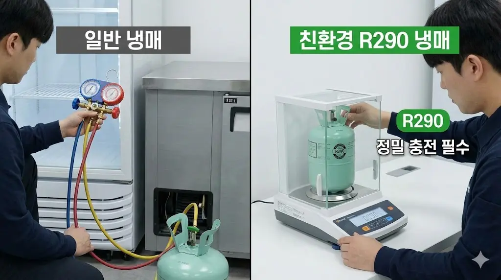 일반 냉매와 친환경 R290 냉매의 충전 방식 비교 및 정밀 충전의 중요성 이미지
