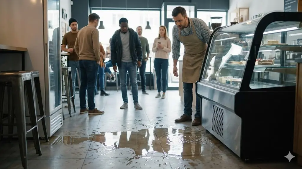 쇼케이스 아래 바닥 물 고임을 발견하고 당황한 매장 점주의 모습