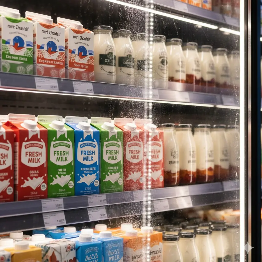 냉기가 느껴지는 편의점쇼케이스 안에 진열된 신선한 우유와 유제품