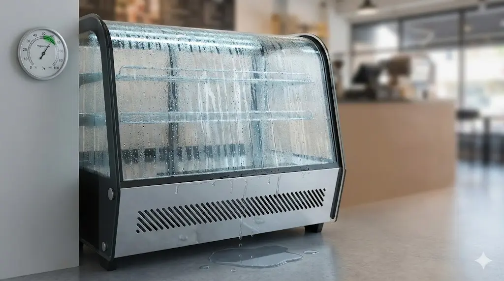 높은 습도로 인해 쇼케이스 유리에 심한 결로가 생겨 바닥으로 물이 흐르는 모습