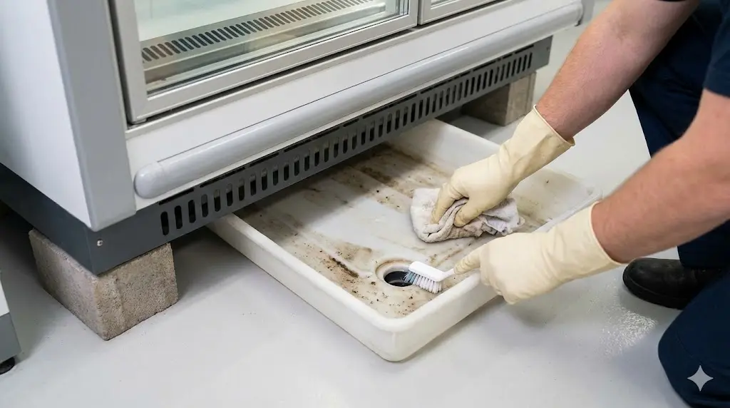 쇼케이스 하단 배수판을 직접 청소하여 물 고임을 해결하는 모습