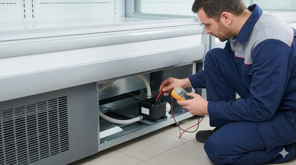 전문가가 쇼케이스 기계실 내부의 배수 펌프와 드레인 히터 상태를 점검하는 모습