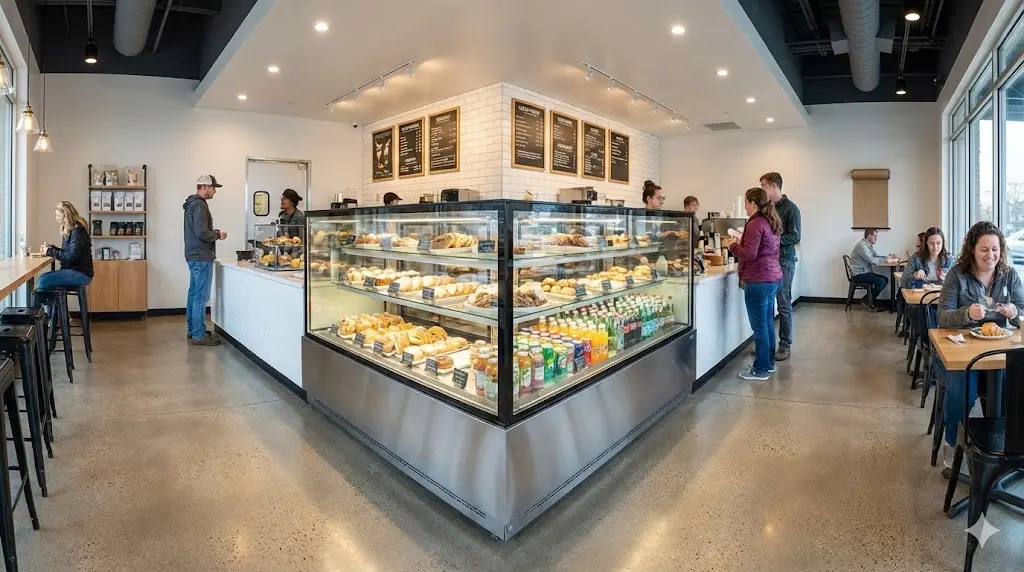 바닥 물 고임 문제없이 보송보송하고 청결하게 관리된 쇼케이스와 활기찬 매장 전경