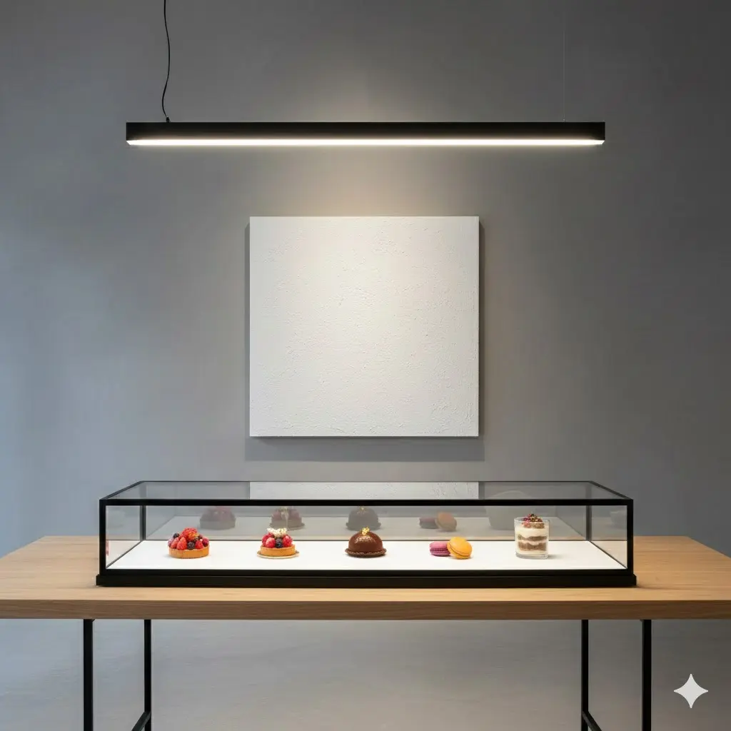 우드 테이블 위 블랙 프레임 소형쇼케이스 인테리어