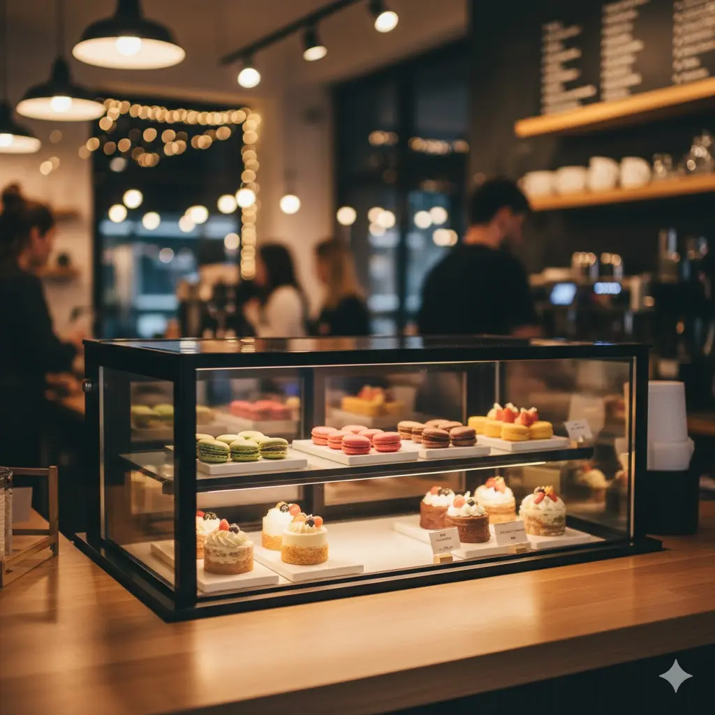 카운터 위에 배치된 예쁜 디저트 소형쇼케이스