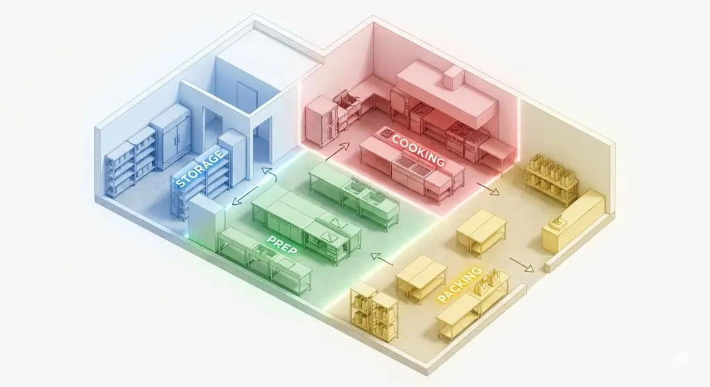 구역별로 나누어진 배달 전문점 주방 설계 도면 예시