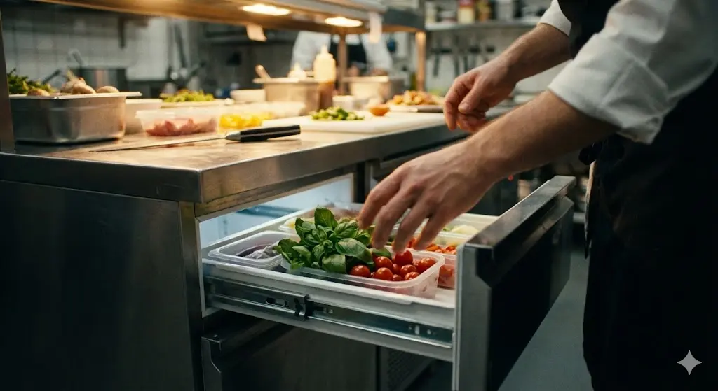 테이블 냉장고를 활용해 동선을 단축한 조리대 모습