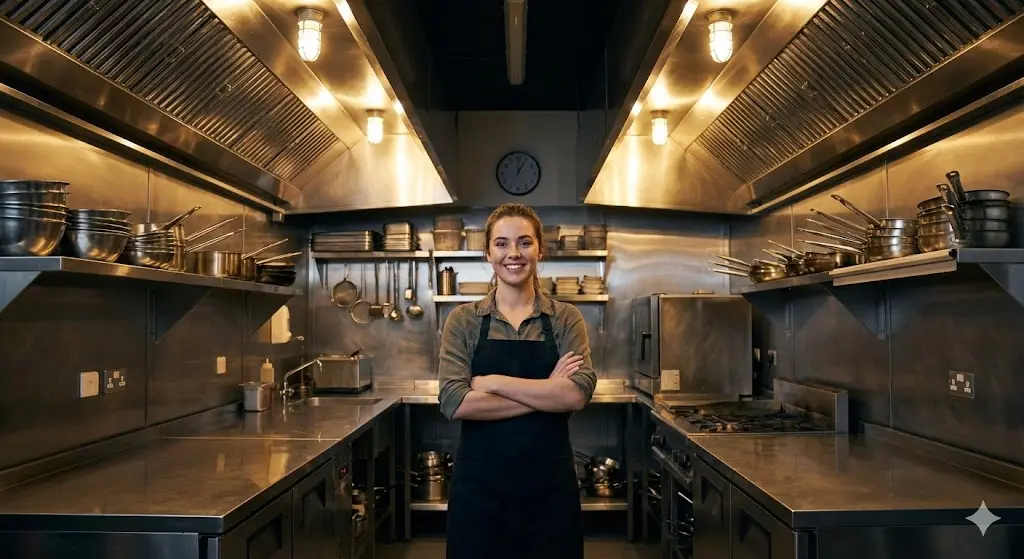 청결하게 마감된 주방에서 웃고 있는 식당 사장님