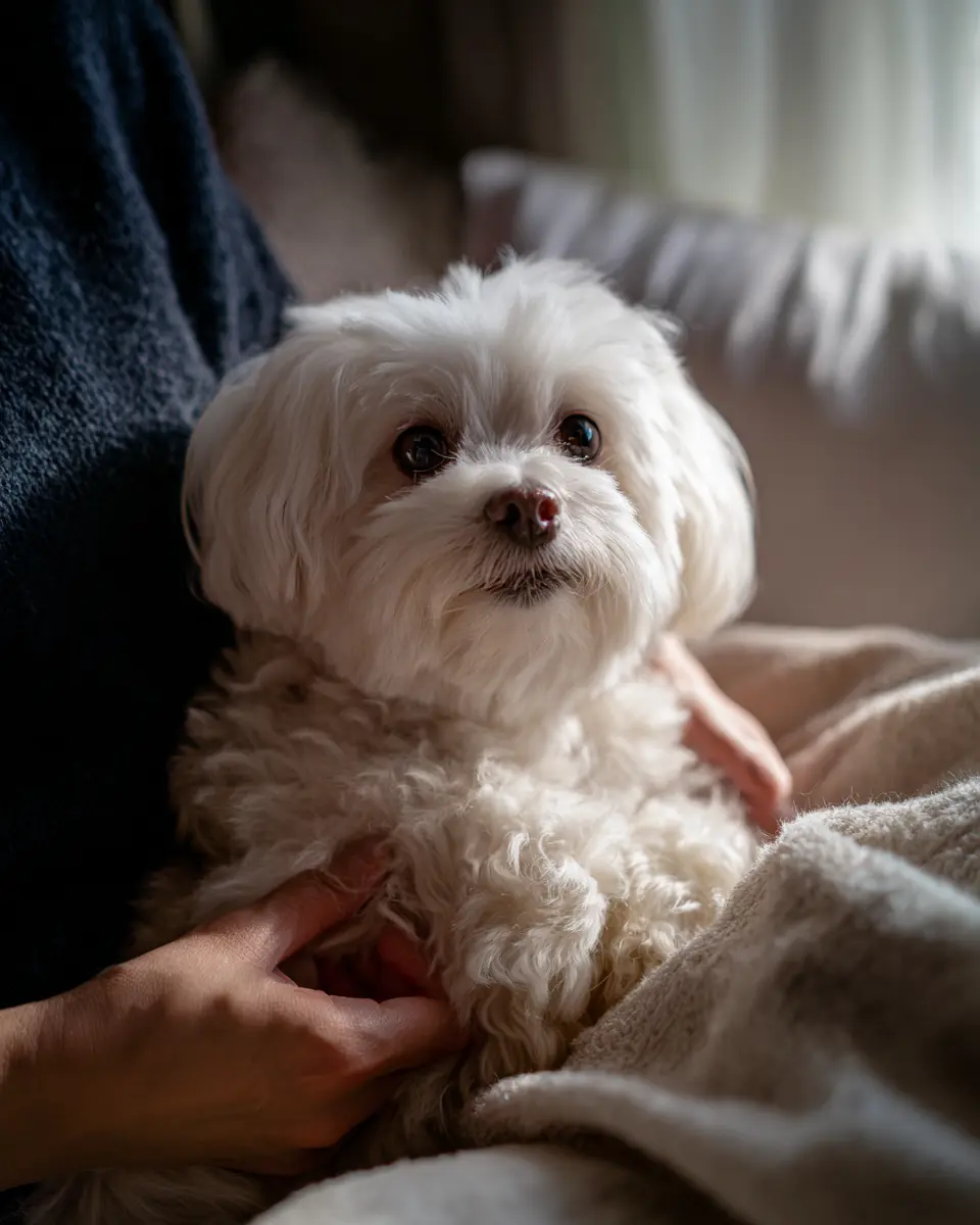 건강한 털과 밝은 눈을 가진 말티즈 소형견의 배를 부드럽게 만지며 장 건강을 살피는 반려인의 일상 케어 모습