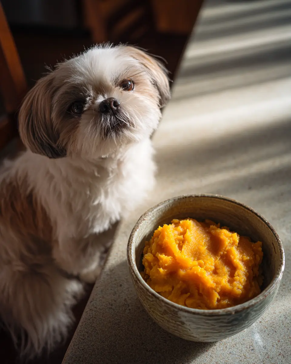 소형견의 장 건강을 위해 준비된 익힌 호박 퓨레와 사료 그릇이 함께 놓인 급여 준비 장면