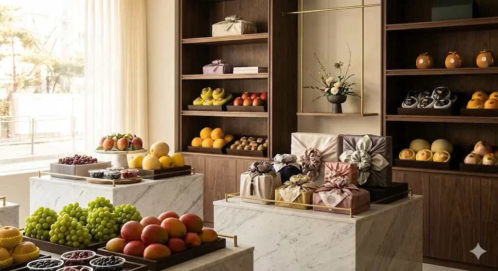 고급스러운 인테리어의 프리미엄 과일 전문점 내부 전경