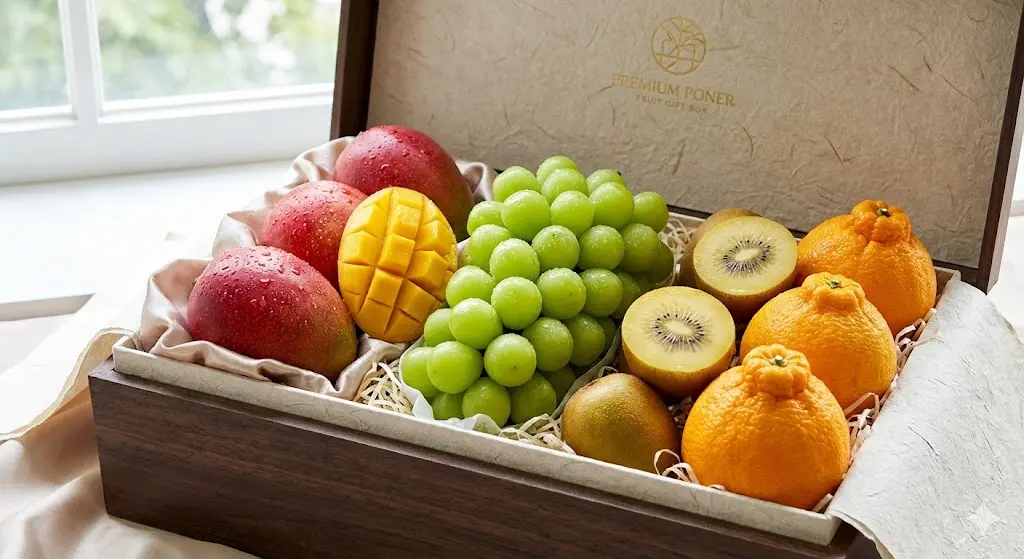다양한 색상의 고급 과일이 담긴 선물 세트 클로즈업