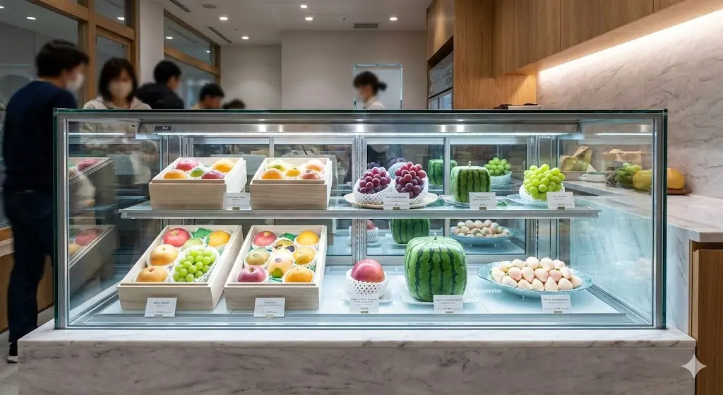 매장 내 밝은 냉장 쇼케이스에 진열된 과일 선물 세트들