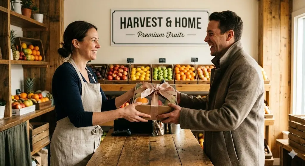 웃으며 고객에게 과일 선물 세트를 전달하는 가게 사장님