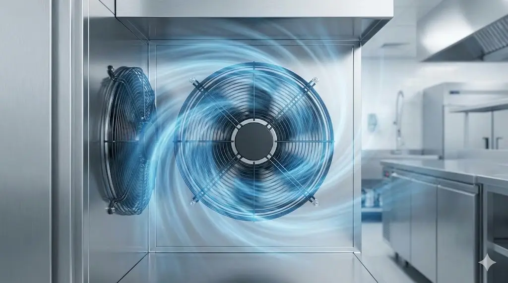 업소용냉장고팬 강력한 공기 순환을 통해 내부 온도를 일정하게 유지하는 모습