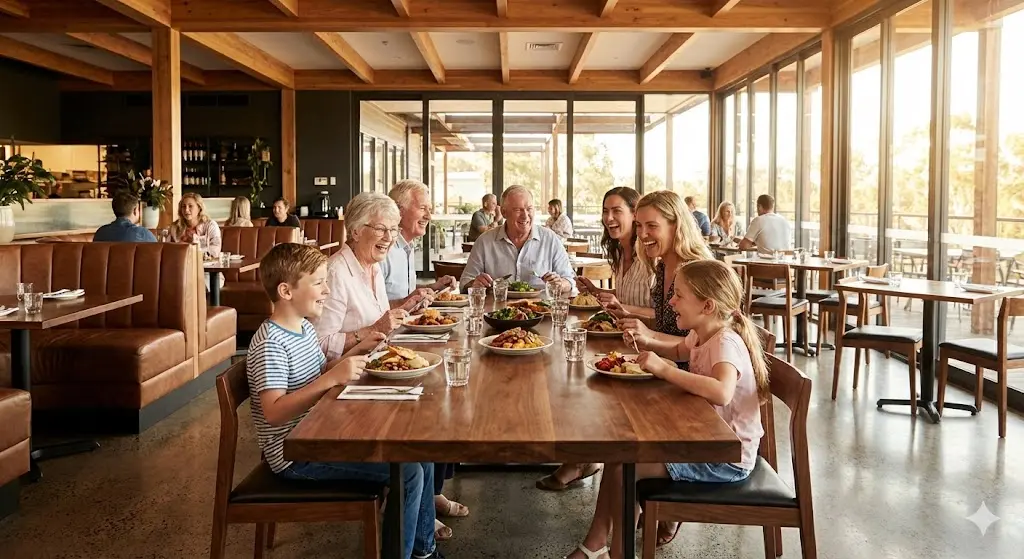 세련된 인테리어의 패밀리 레스토랑에서 즐겁게 식사하는 3대 가족의 모습