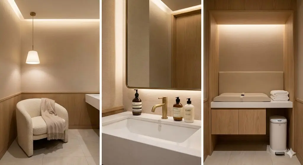 기저귀 갈이대와 안락한 의자가 구비된 깨끗하고 전문적인 수유실 내부 전경