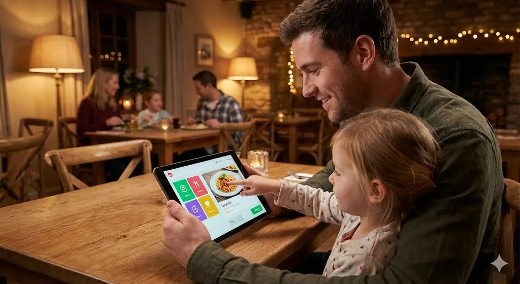 태블릿을 이용해 메뉴 사진을 보며 간편하게 주문하는 젊은 부모와 아이