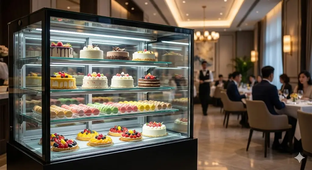조각 케이크와 타르트가 진열된 밝고 깨끗한 영업용 냉장 쇼케이스