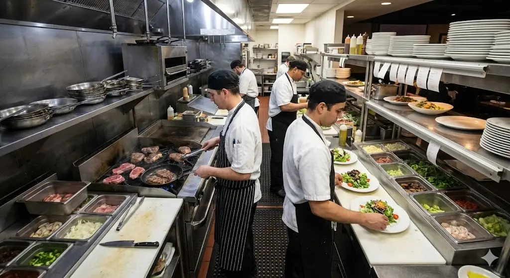 여러 명의 셰프들이 분주하게 움직이는 현대적인 상업용 주방의 모습. 왼쪽에서는 한 셰프가 그릴 위에서 스테이크를 굽고 있으며, 오른쪽에서는 다른 셰프들이 긴 스테인리스 카운터에서 샐러드를 플레이팅하고 있습니다. 주방은 전문적인 스테인리스 장비와 정돈된 식재료 컨테이너로 가득 차 있으며, 상단 선반에는 주문서들이 줄지어 걸려 있습니다.