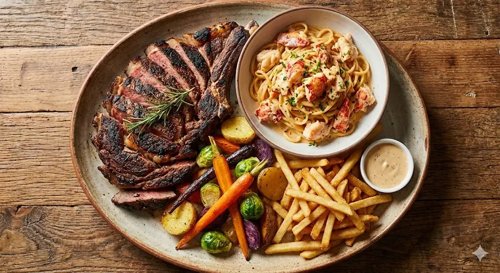 스테이크, 파스타, 구운 채소가 풍성하게 담긴 대형 쉐어링 플래터 항공샷