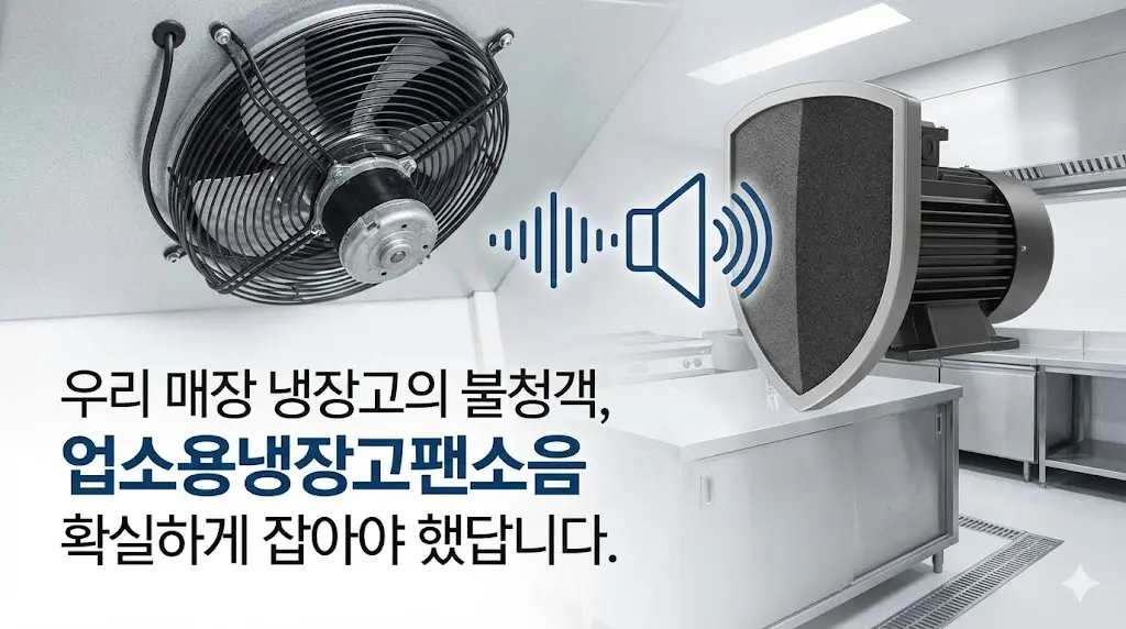 업소용냉장고팬에서 발생하는 시끄러운 소음을 방패로 막아내는 상징적인 이미지로, 소음 문제 해결을 표현하고 있습니다.