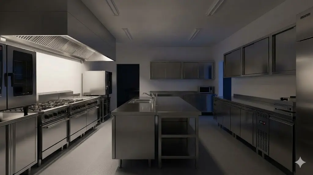 업소용냉장고팬소음 없는 쾌적한 환경에서 신선도를 유지하며 운영되는 매장 주방 전경