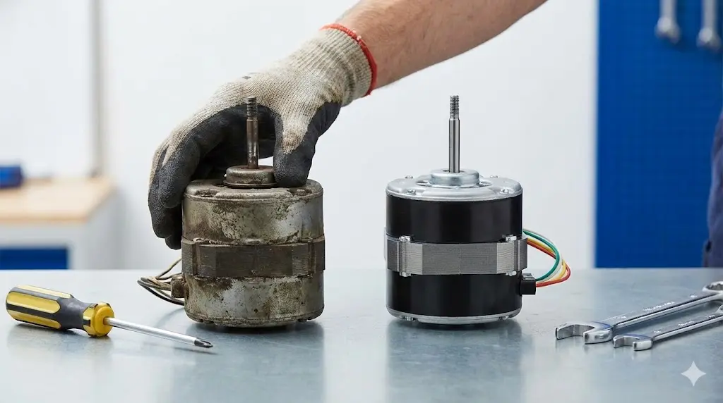 업소용냉장고팬소음 해결을 위해 정품 저소음 부품으로 안전하게 교체 작업을 진행하는 모습