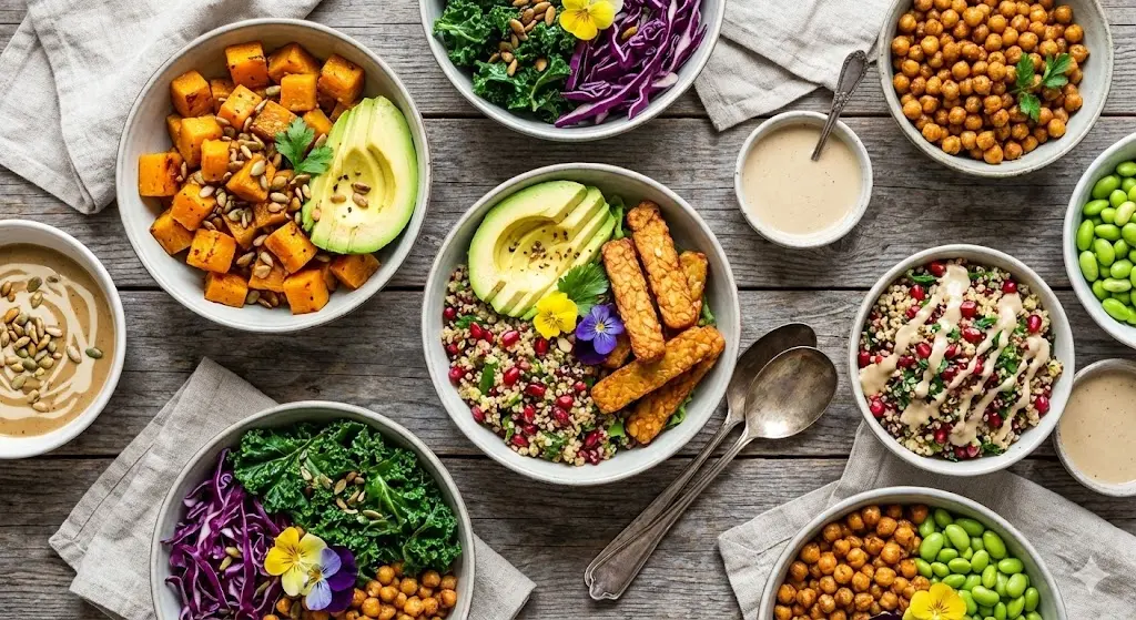 다양한 채소와 곡물, 템페 토핑이 어우러진 화려한 색감의 프리미엄 비건 샐러드 볼 한 상 차림
