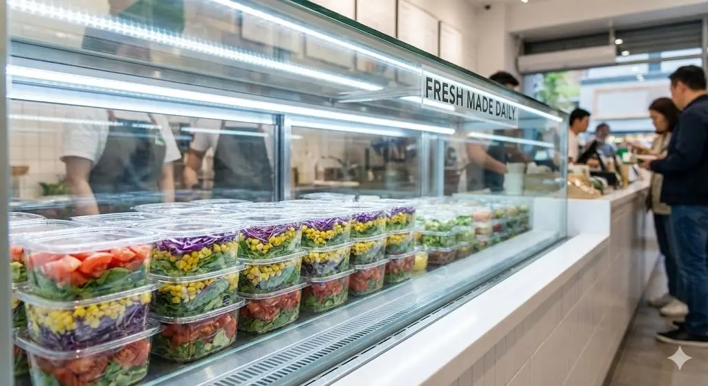 투명한 용기에 층층이 담긴 샐러드가 결로 없이 선명하게 진열된 쇼케이스 내부 모습