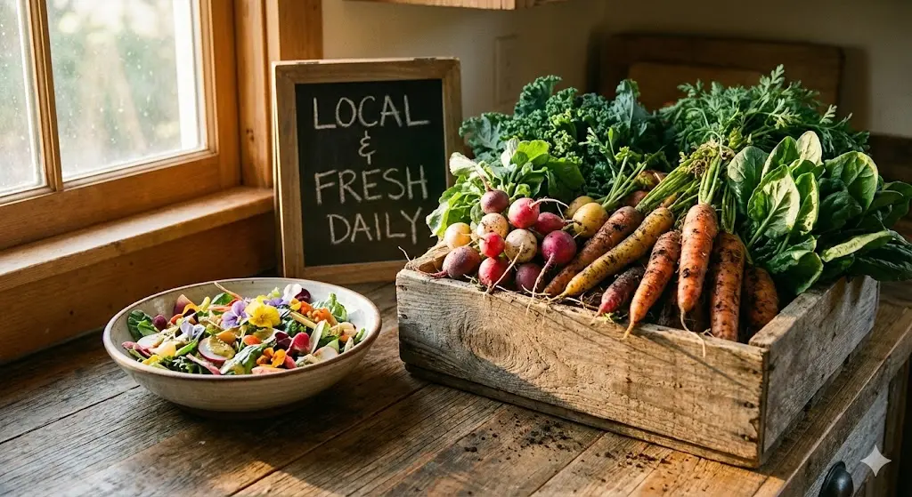 흙이 묻은 신선한 지역 농산물(로컬 푸드) 옆에 완성된 샐러드 볼이 놓인 자연스러운 연출컷