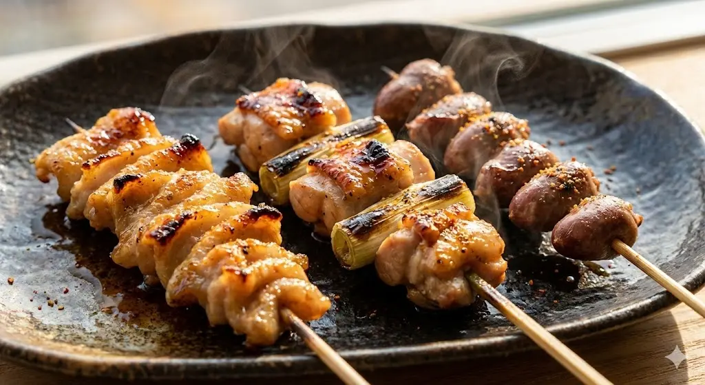 다리살, 껍질, 염통 등 부위별로 정갈하게 구워져 접시에 담긴 전문점 스타일 닭꼬치