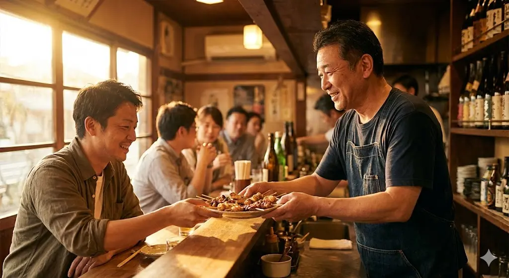 갓 구운 꼬치를 건네며 환하게 웃으며 대화하는 사장님과 만족스러운 표정의 손님