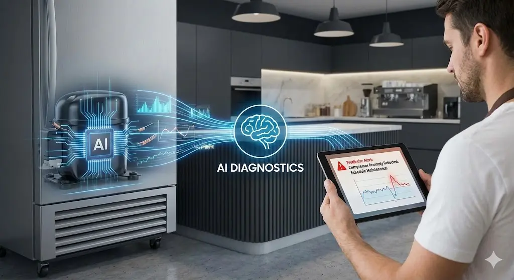 매장 내 설치된 '스마트 온도 제어', '결로 방지 유리', '원격 모니터링' 기능이 탑재된 최신형 상업용 쇼케이스들을 태블릿을 들고 꼼꼼히 살피는 남성의 모습