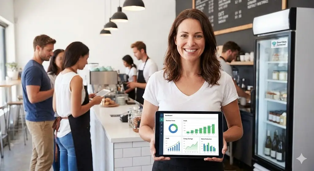 활기찬 카페 배경에서 여성 사장님이 이익률, 에너지 절감, 폐기물 감소 그래프가 표시된 태블릿 대시보드를 들고 환하게 웃고 있는 모습