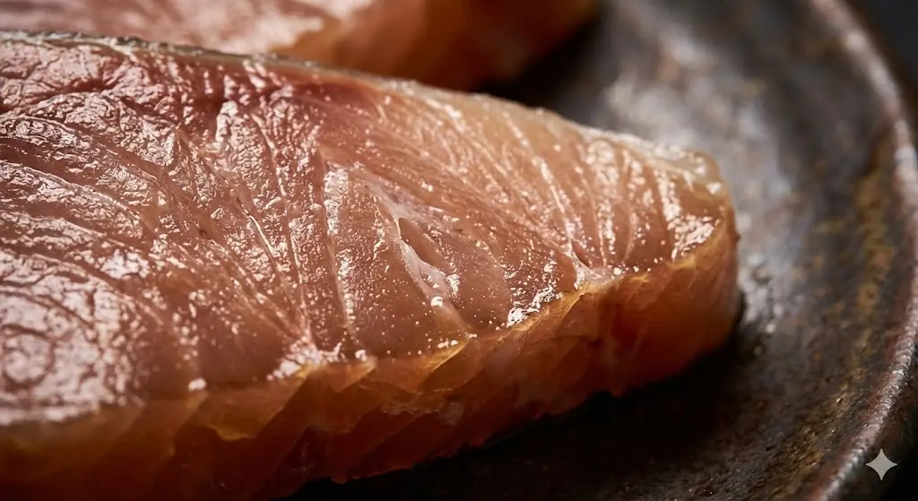 숙성 과정을 거쳐 찰기가 느껴지는 생선 살의 디테일한 질감 사진