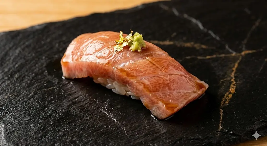 검은색 고급 석재 접시 위에 올려진 윤기 흐르는 참다랑어 뱃살 초밥 클로즈업