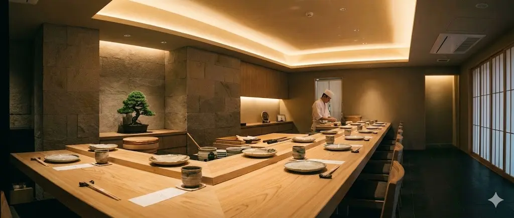 히노끼 다찌와 은은한 간접 조명이 조화를 이루는 품격 있는 매장 인테리어