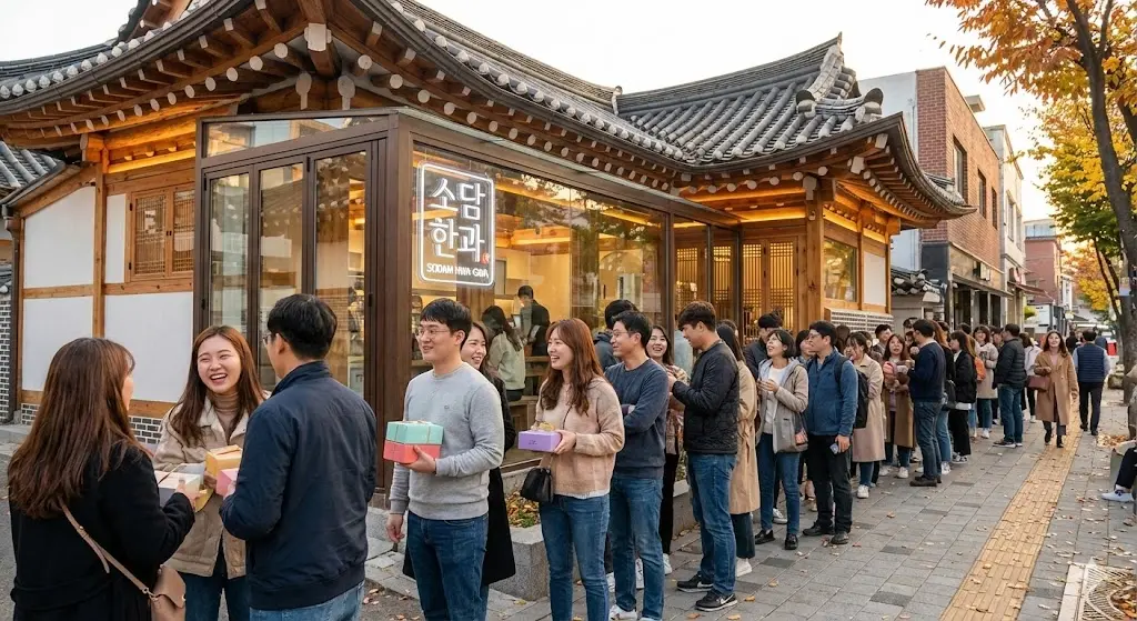 세련된 한과 카페 앞에 손님들이 줄을 서서 기다리는 활기찬 모습