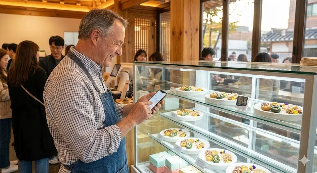 한과 쇼케이스 앞에서 스마트폰으로 실시간 습도와 온도를 체크하는 사장님