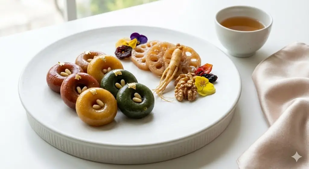 현대적인 접시에 정갈하게 담긴 형형색색의 프리미엄 개성주악과 정과 세트