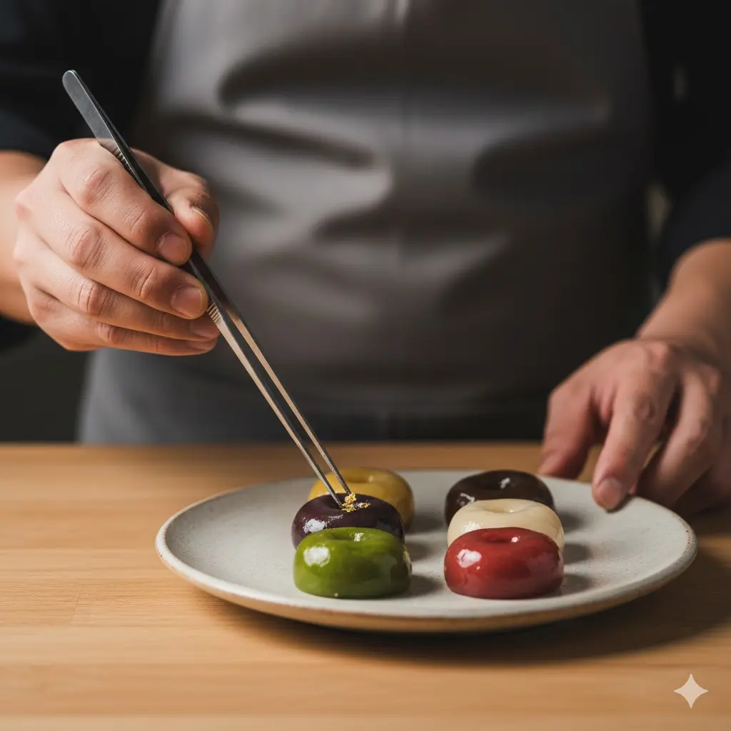 셰프가 핀셋을 이용해 정과 위에 식용 금박을 올리는 섬세한 조리 장면