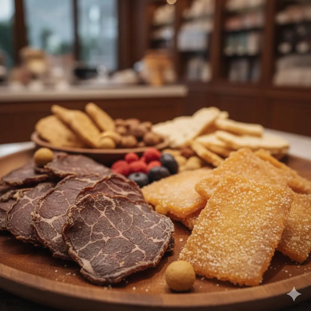 육포나 황태 정과 등 수제 간식의 바삭하고 신선한 질감이 돋보이는 매크로 사진