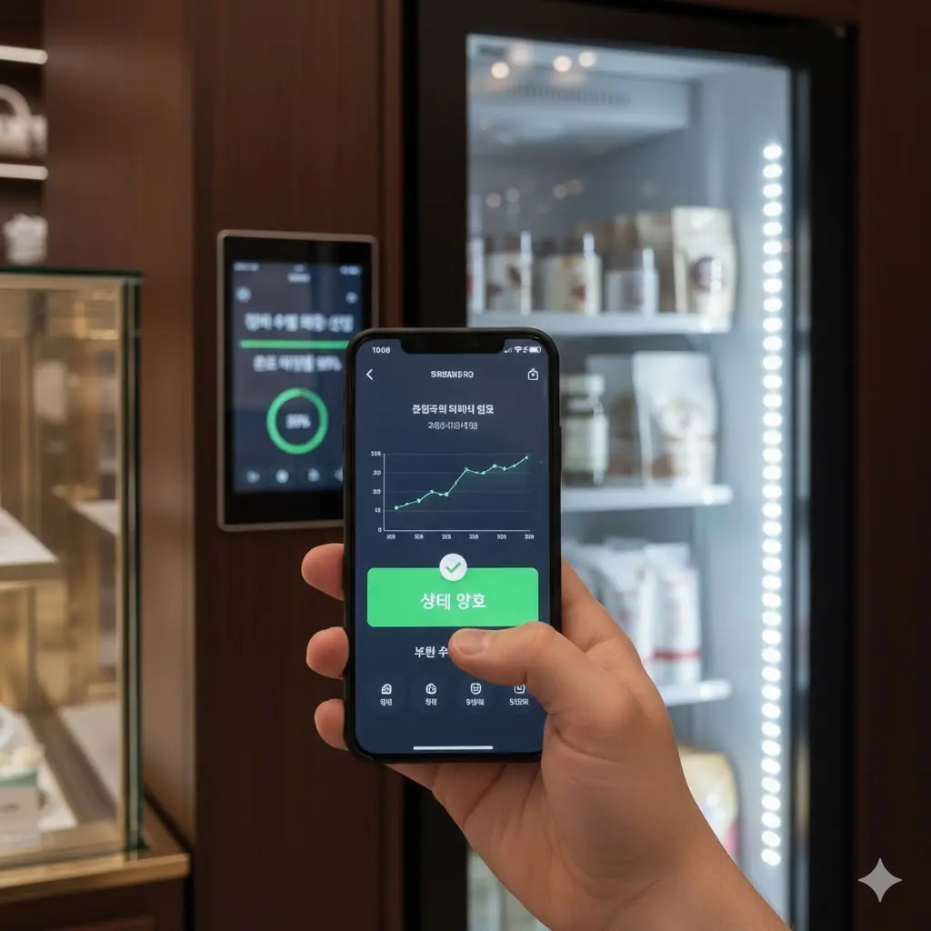냉장고 옆면 대시보드에 '장비 수명 예측: 안정', '온도 유지율 99%' 등이 표시된 화면