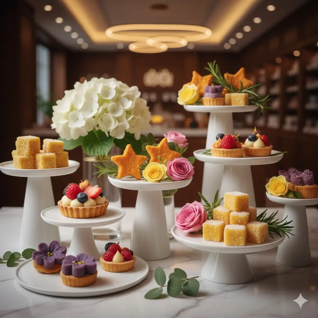 높낮이가 다른 스탠드 위에 예술적으로 세팅된 형형색색의 핑거푸드와 꽃 장식