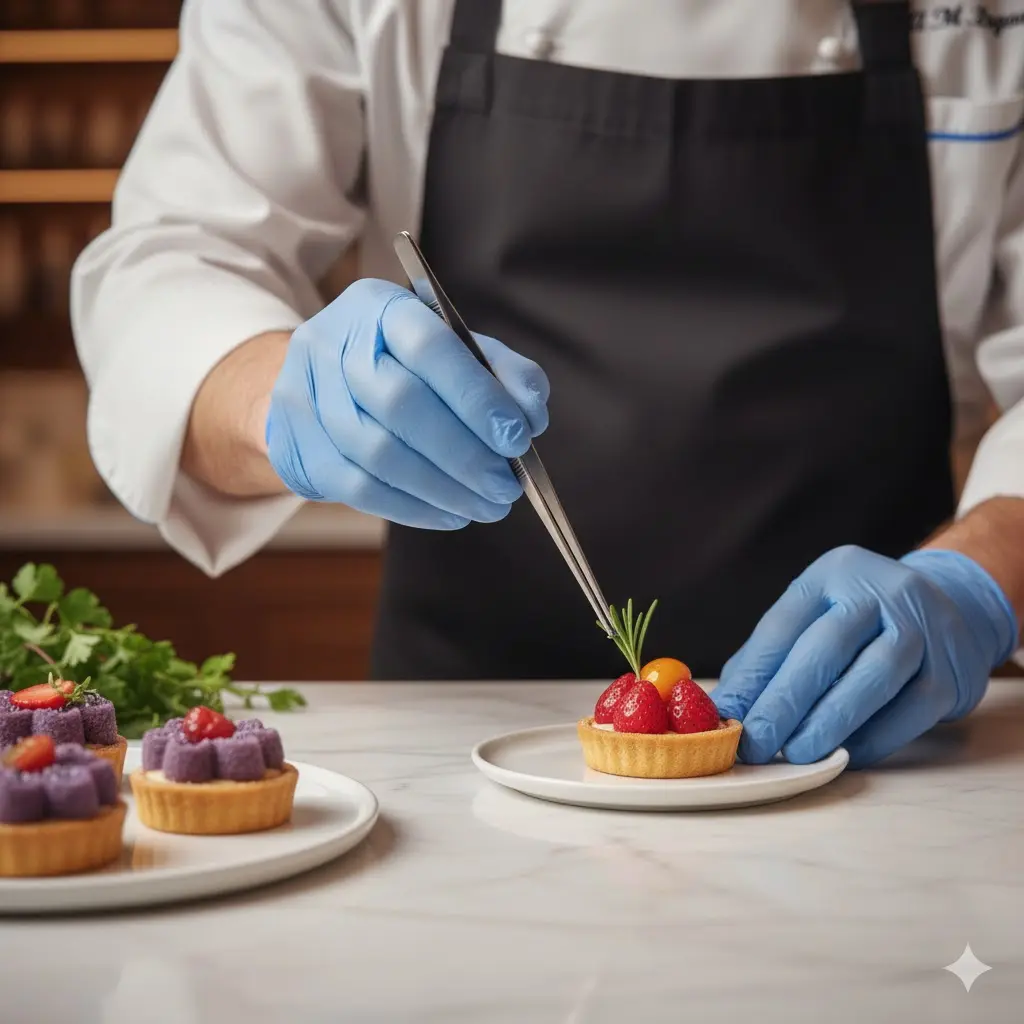 셰프가 핀셋을 이용해 핑거푸드 위에 작은 허브 잎을 올리는 정교한 조리 모습