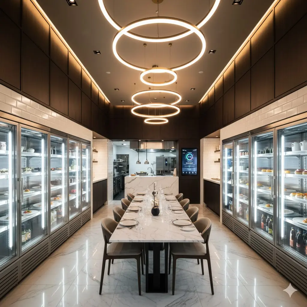 따뜻한 조명 아래 세련된 인테리어와 스마트 설비가 조화를 이룬 매장 내부 전경