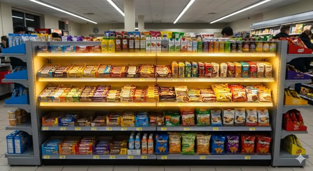 편의점진열대 골든 존(눈높이 선반)에 주력 상품을 전략적으로 배치한 상세 시각화