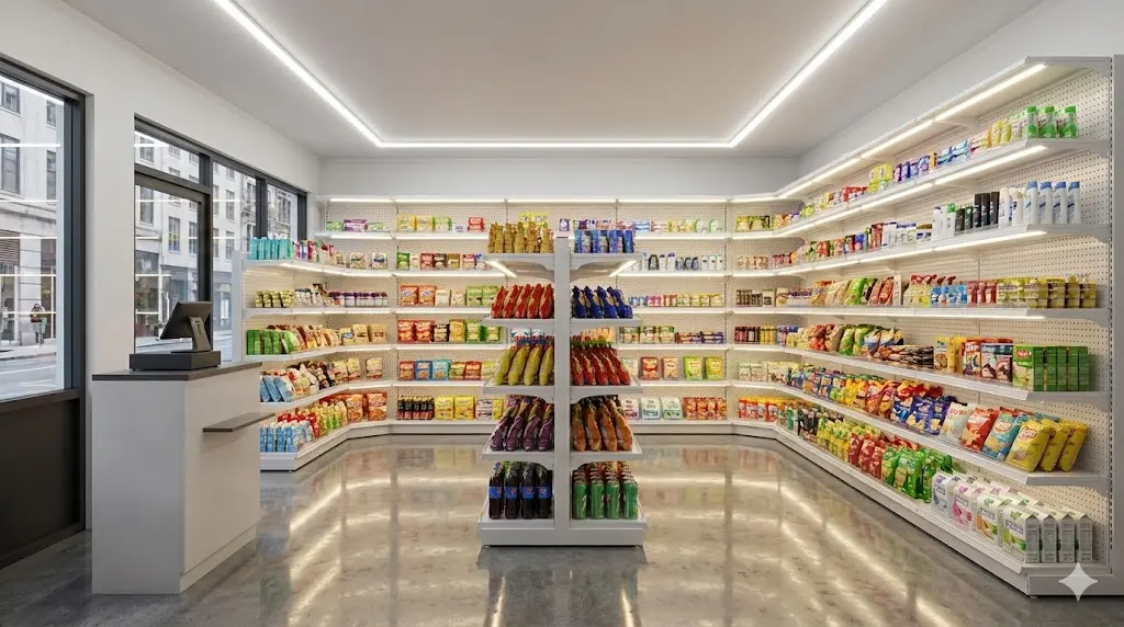 12평 소형 매장에 최적화된 중앙 1열 곤도라와 벽면 편의점진열대 배치도